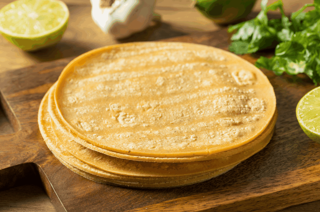 Grilled corn tortillas stacked on a wooden cutting board, surrounded by halved limes, fresh cilantro, and a garlic bulb—evoking the vibrant mise en place of traditional Mexican cooking. The charred surface and rustic textures highlight the tactile beauty of homemade preparation and the essential ingredients that elevate flavor.