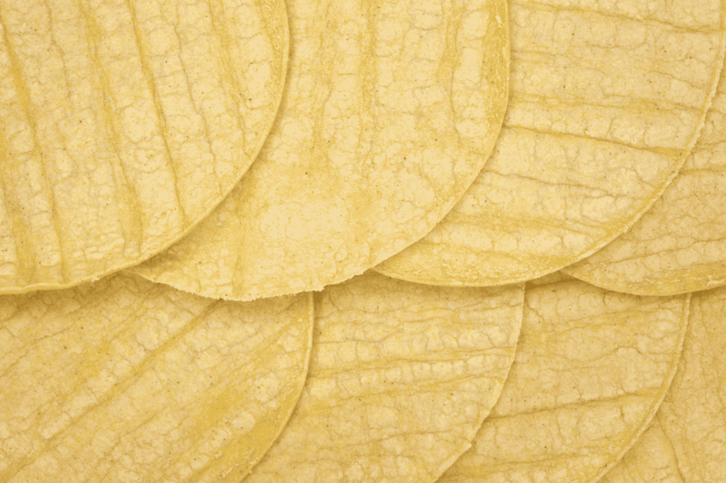 Close-up of overlapping yellow corn tortillas with pressed surface patterns and rustic texture—highlighting the handcrafted detail and traditional technique behind homemade tortilla preparation. A visual ode to the simplicity and authenticity of fresh masa.