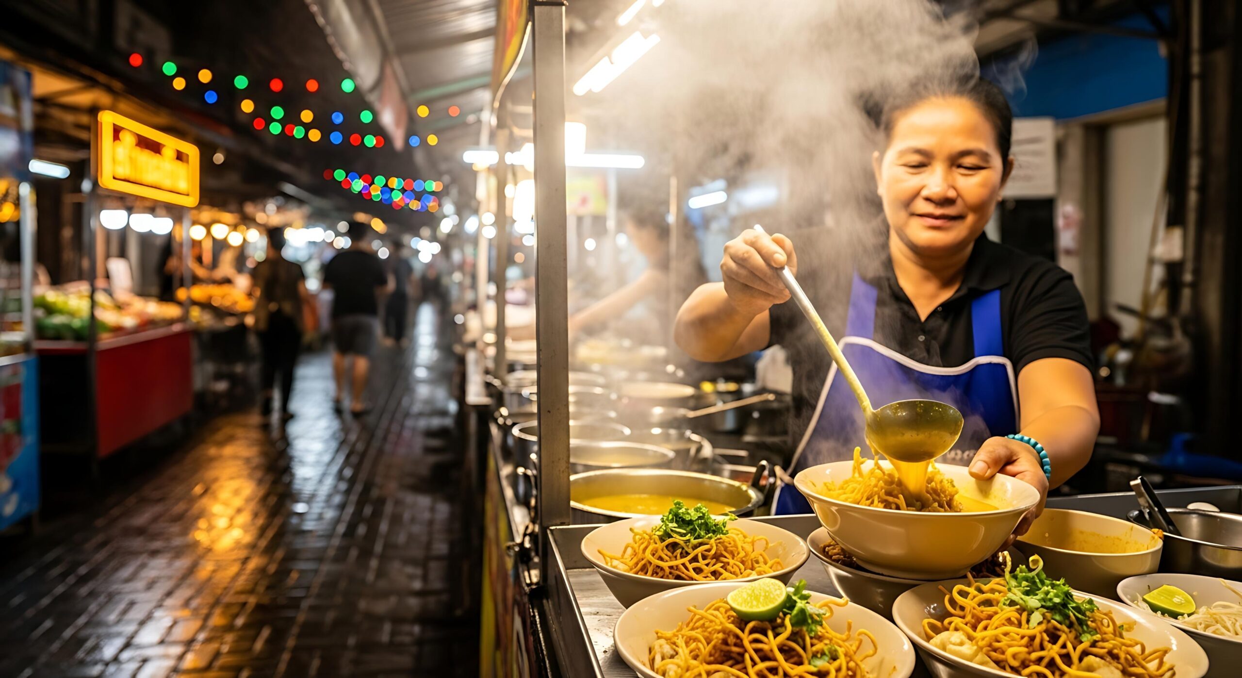 This image captures a vibrant scene at an outdoor night market, likely in Thailand, where a vendor is preparing bowls of noodle soup, possibly Khao Soi, under the warm light of her stall.