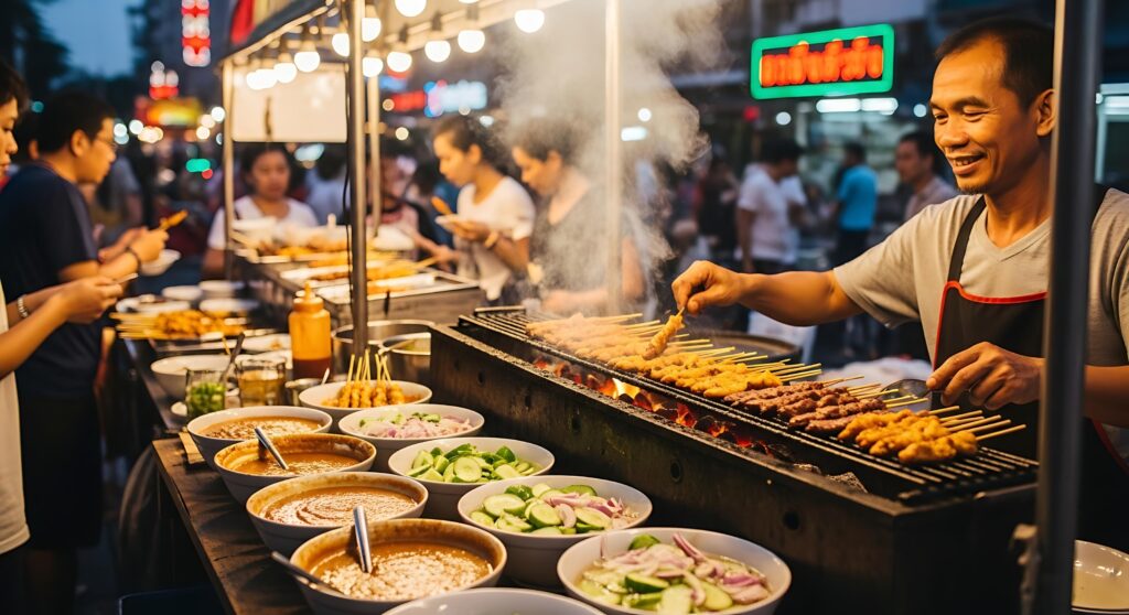 This is a lively, well-lit image of a street food vendor grilling various meat skewers, likely Satay, over hot coals at a busy night market.