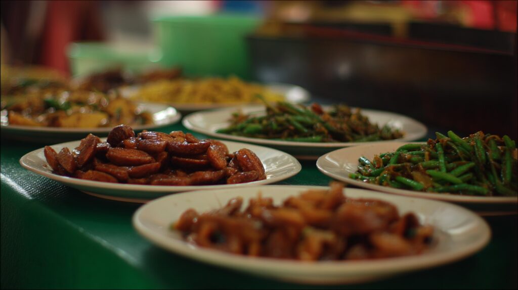 This low-angle, shallow depth-of-field image shows a table set with several plates of savory food, typical of a family-style Chinese or Southeast Asian meal.