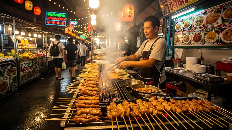 This image captures a vibrant night market scene where a street food vendor is busy grilling numerous skewers of meat over an open flame.