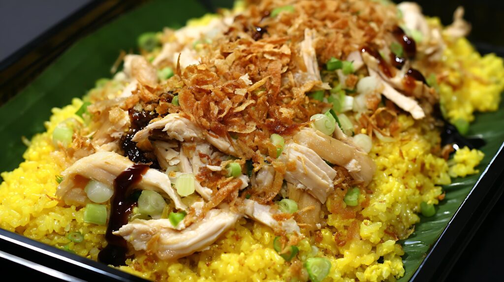 This is a close-up image of a savory dish featuring bright yellow rice, likely flavored with turmeric, piled high in a bowl or on a platter.