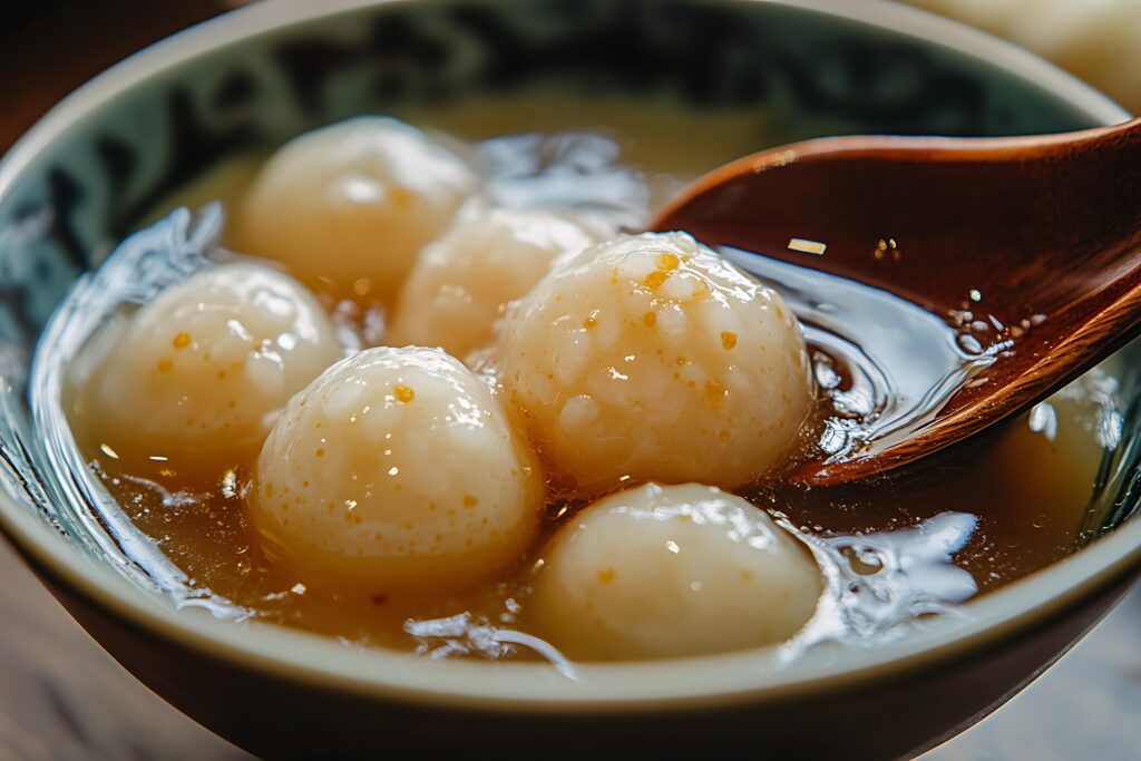 This extreme close-up highlights the glossy texture of white sweet dumplings floating in a rich, amber-colored soup speckled with small orange flecks. A dark wooden spoon dips into the patterned ceramic bowl, capturing the warmth and intricate details of the traditional dessert.