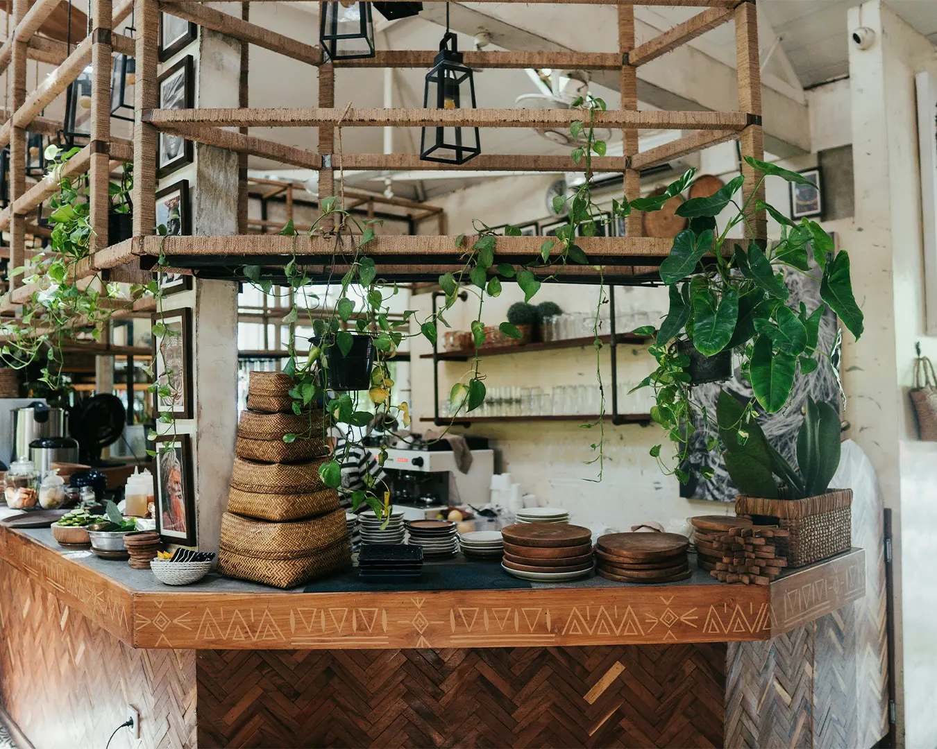 A bright café space filled with natural daylight streaming through large windows, complemented by minimal décor and wooden furniture that adds a calm, organic feel.