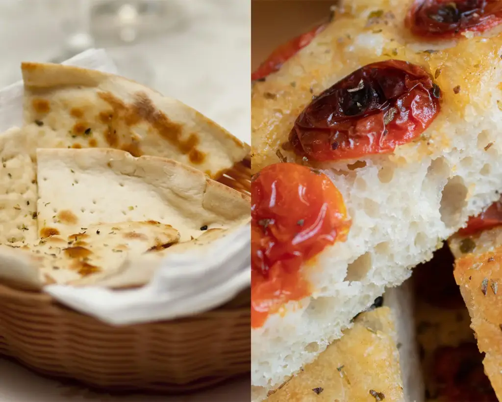 Freshly baked naan and focaccia placed side by side, showcasing the contrast between the soft, slightly charred flatbread and the airy, herb-topped Italian focaccia.