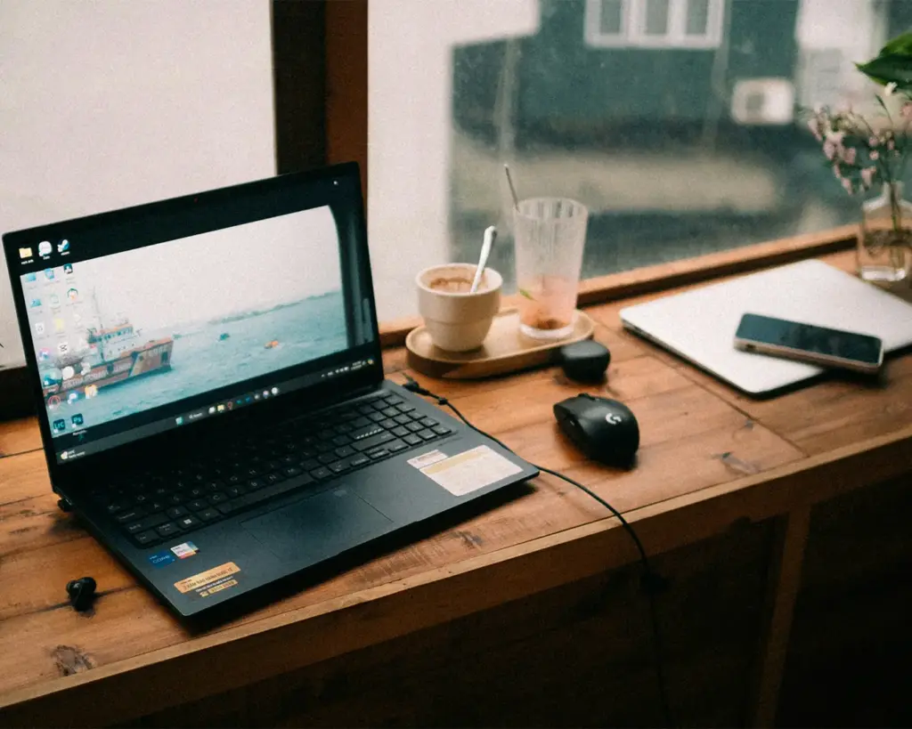 A laptop placed on a café table beside a freshly served cup of coffee, capturing a moment of work or study in a relaxed, café environment.