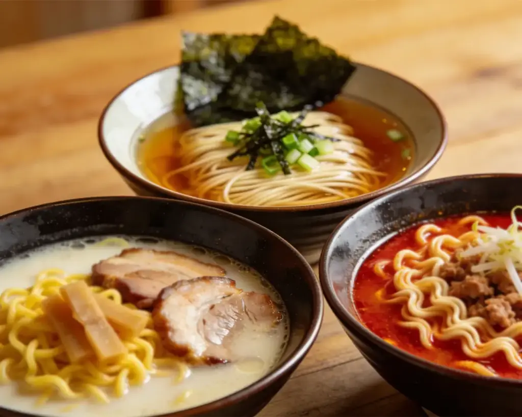 Three bowls of ramen on a wooden table. One with clear broth and seaweed, another creamy with pork, and a third spicy with minced meat.
